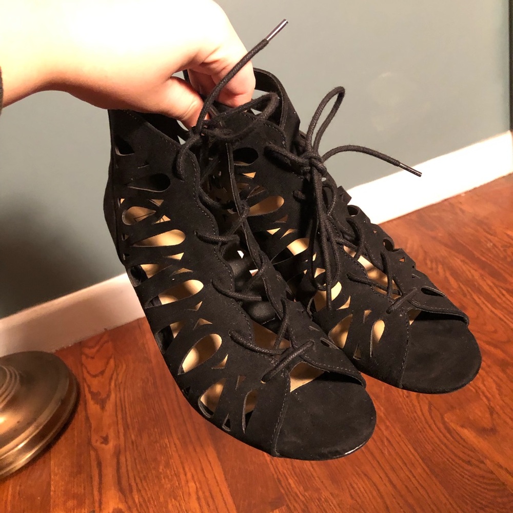 Black Cut Out Wedge Sandals Lace Up Front